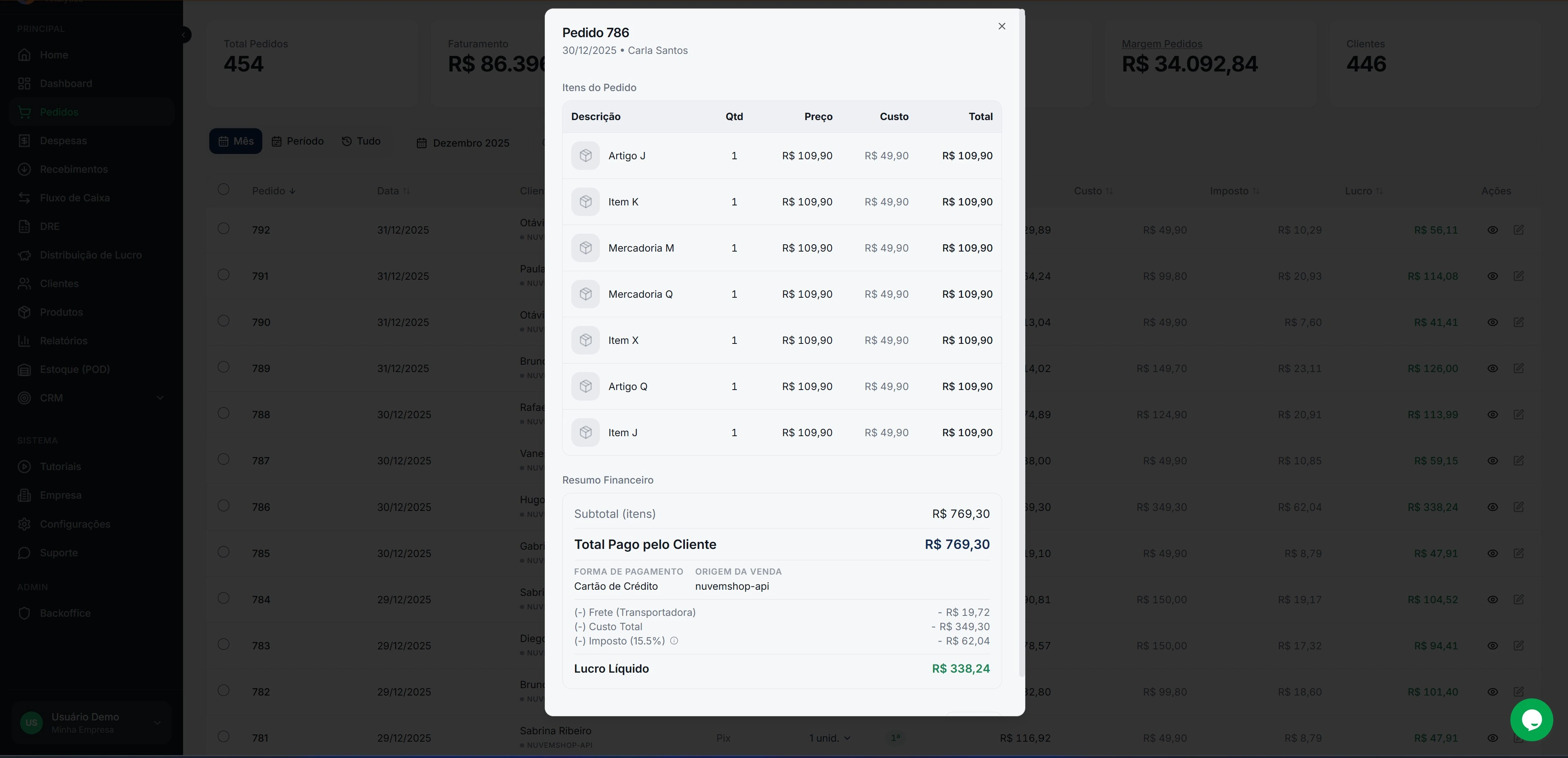 Rumofy mostrando o lucro líquido real de um pedido, já descontando taxa, frete, imposto e custo do produto