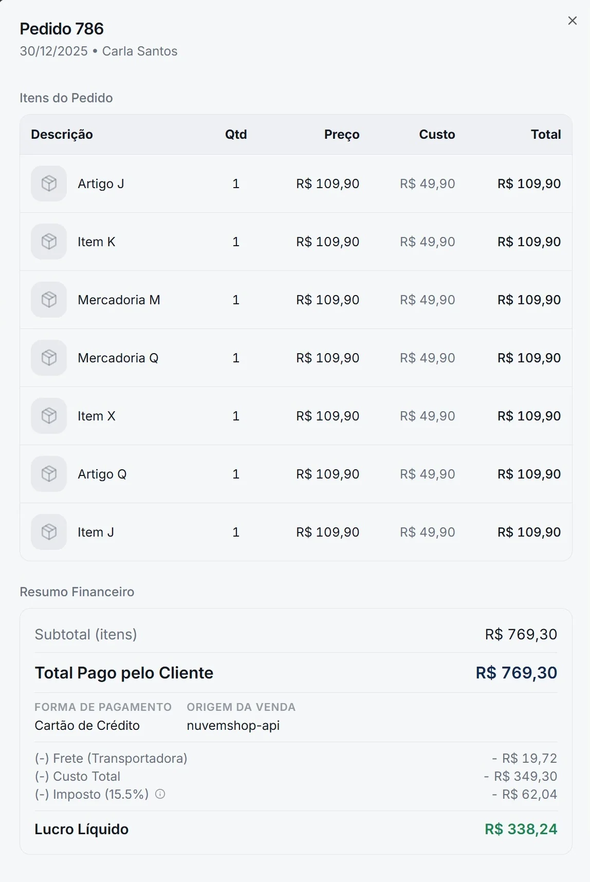 Rumofy mostrando o lucro líquido real de um pedido de demonstração, já descontando frete, imposto e custo do produto